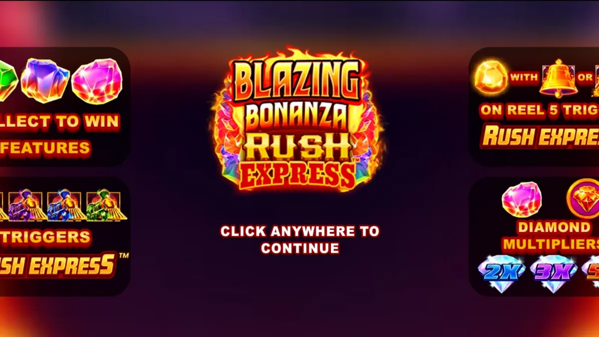 Pemandangan kamp pertambangan emas yang penuh keberuntungan dalam Blazing Bonanza Rush Express